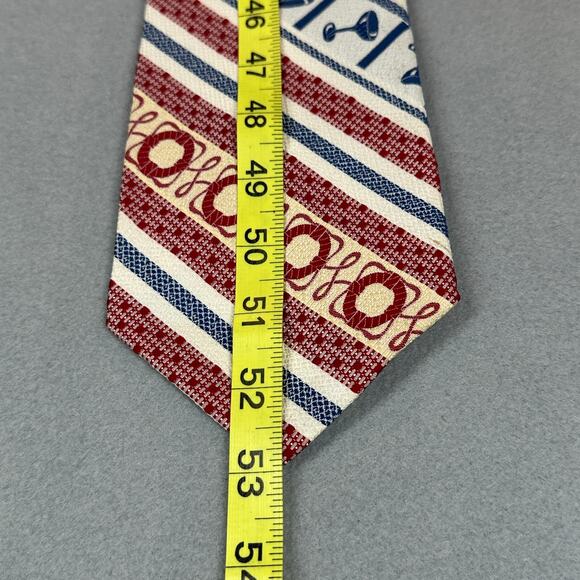 Vintage Mens Tie Red White Blue Geometric Nautical Print Wide 80s Retro NeckTie - Picture 5 of 7